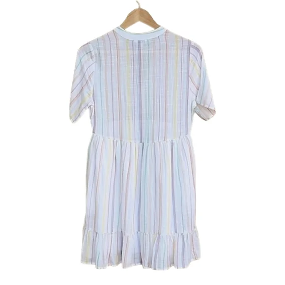 LUCKY BRAND Meadow Mini Dress XS Long Tunic Blouse Top Pastel Rainbow Stripes - Picture 4 of 11